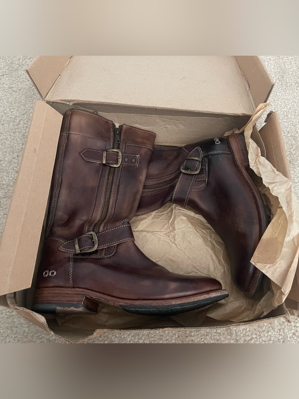 BED STU Gogo Lug Brown Distressed Leather Moto Engineer Boots Size 8.5